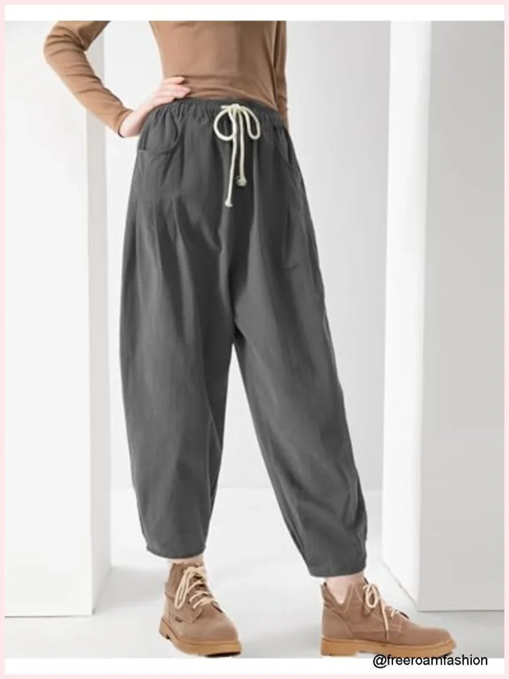 Wide Leg Baggy Harem Pants Cotton Drawstring Trousers with Pockets